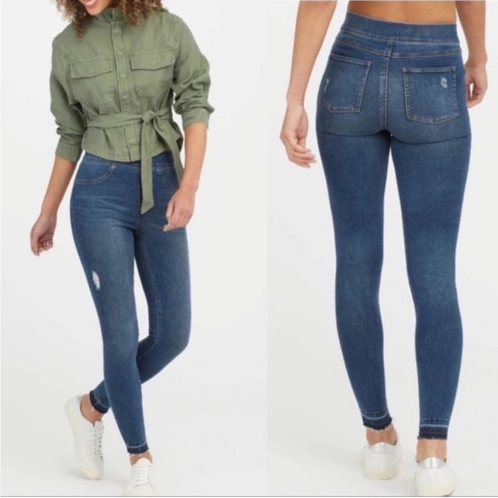 Spanx High Rise Distressed Ankle Skinny Jeans Medium Wash